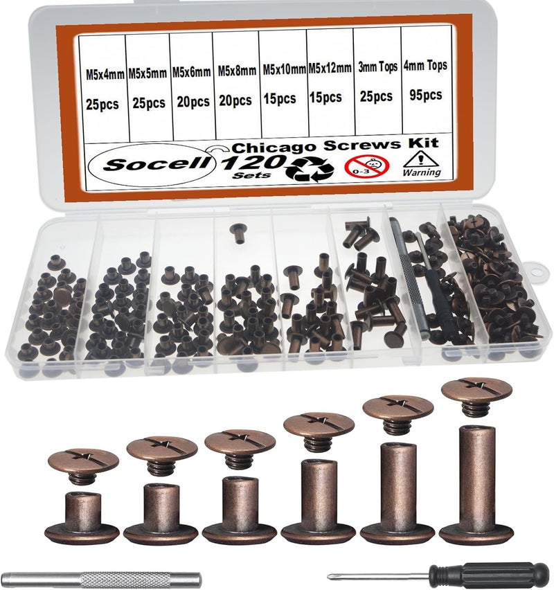 Socell 120Sets Chicago Screws Kit, 6 Sizes Chicago Screws for Leather,Binding Screws Leather Rivet kit for Crafts, Clothing, Shoes, Belts, Bags, and Custom-Made Items(Antique Copper, M5*4,5,6,8,10,12) - Image 1